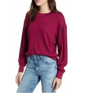 Treasure & Bond Women's Puff Sleeve Waffle Knit Sweatshirt Burgundy Plum P3106